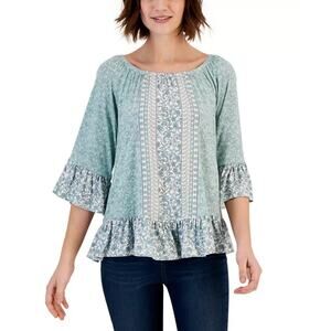 Style & Co Printed On Off Knit Top Mint Green Gray Floral Size Medium New